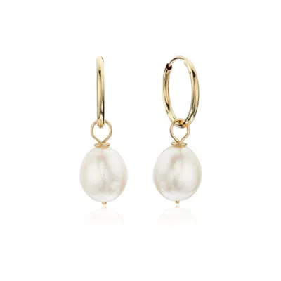 Lily & Roo Women's White / Gold Solid Gold Large Pearl Drop Hoop Earrings In Multi