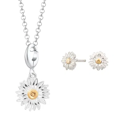 Lily Charmed Women's Gold / Silver Sterling Silver Daisy Necklace & Studs Jewellery Set