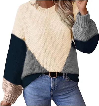 Lily Clothing Color Block Cozy Knit Sweater In Cream Navy Natural In Multi
