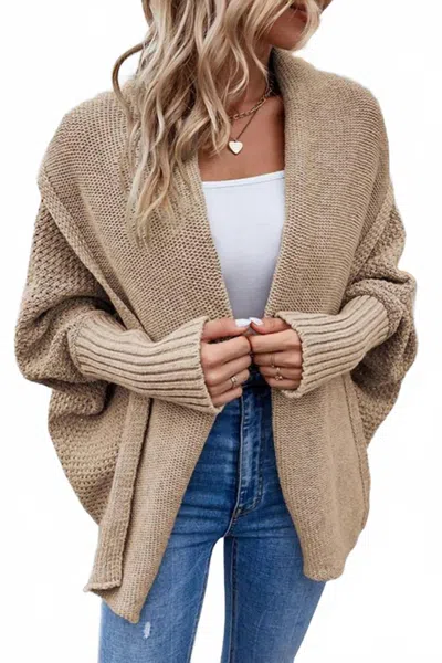 Lily Clothing Open Front Shawl Cardigan In Khaki In Neutral