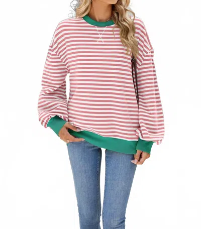 Lily Clothing Striped Contrast Crewneck Sweatshirt In Pink White