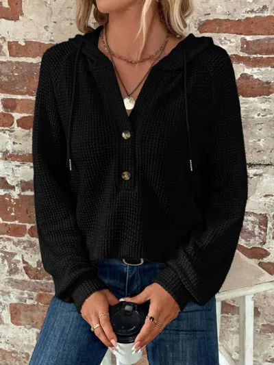 Lily Clothing Waffle Button-up Hoodie Pullover In Black