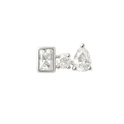 Lily Flo Jewellery Women's White Entre Trois Pear Brilliant & Baguette Diamond Stud In Sterling Silver