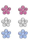 Lily Nily Set Of 3 Kids' Crystal Flower Stud Earrings In Blue/pink Multi