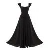 Lily Phellera Women's Apex Maxi Dress With Sailor Collar Straps And Open Back In Midnight Black In Black