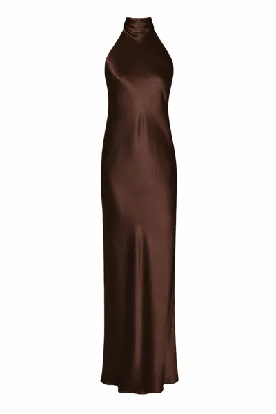 Lily Rou Women's Brown Chocolate Halter Neck Maxi Silk Slip Dress