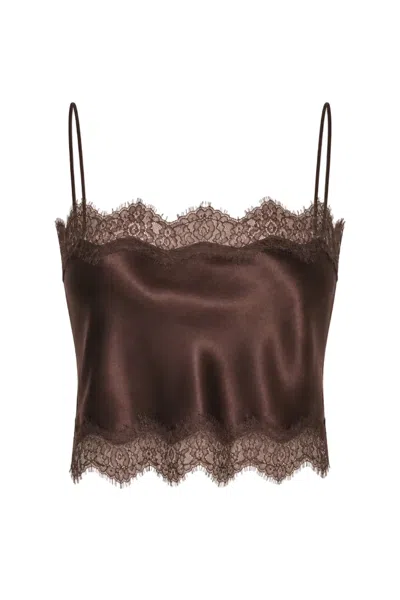 Lily Rou Women's Brown Chocolate Lace Trim Cropped Silk Top