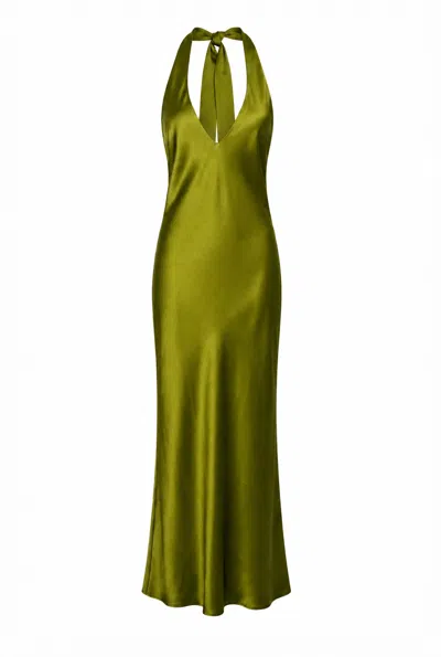 Lily Rou Women's Green Olive Plunge Neck Maxi Silk Slip Dress