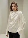 Lilysil Asymmetrical Silk Blouse With Puff Sleeves For Women In Multi