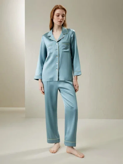 Lilysilk 22mm Gold Piping Silk Pajamas Set In Blue Haze