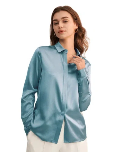 Lilysilk Basic Concealed Placket Silk Shirt In Blue Haze
