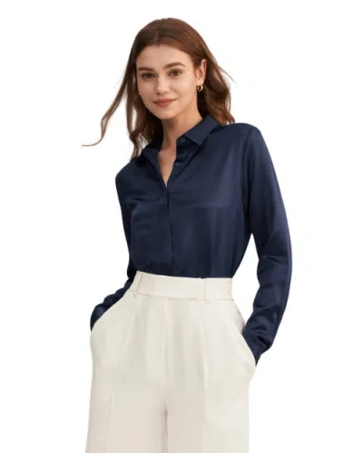 Lilysilk Basic Concealed Placket Silk Shirt In Navy Blue