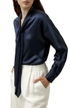 Lilysilk Batwing Silk Top With Adjustable Neck Tie In Navy Blue