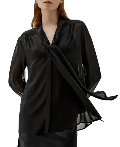Lilysilk Bow Tie Sheer And Lightweight Silk Jasmine Blouse In Black