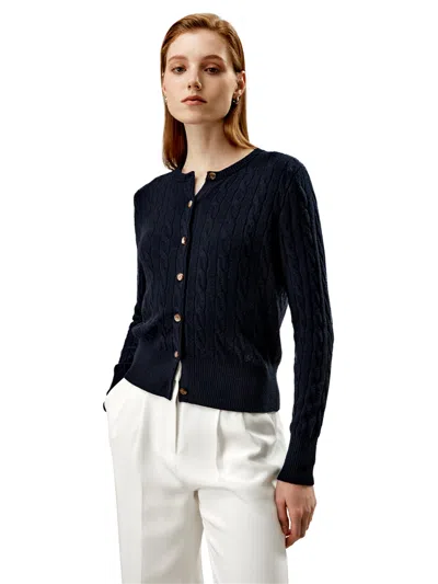 Lilysilk Cable-knit Cashmere Crewneck Cardigan For Women In Blue
