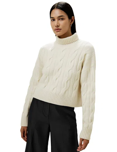 Lilysilk Cable Knit Cashmere Turtleneck Sweater For Women In White