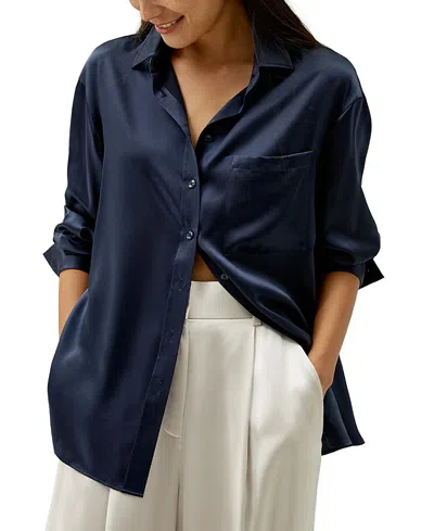Lilysilk Casual Spread Collar Silk Shirt In Navy Blue