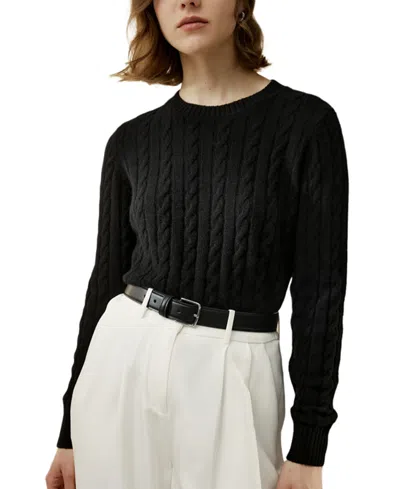 Lilysilk Classic Cable Knit Sweater With Ribbed Edges In Black