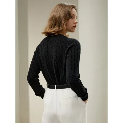 Lilysilk Classic Cable Knit Sweater With Ribbed Edges In Black