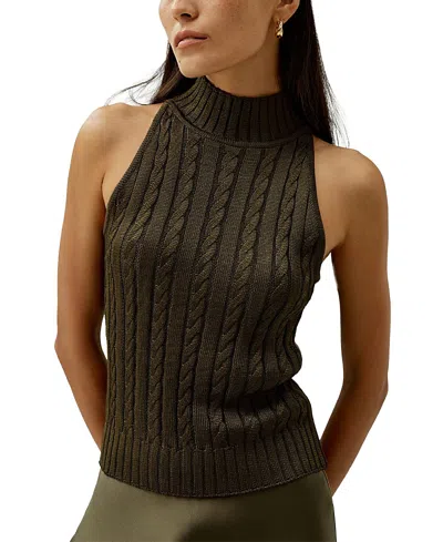 Lilysilk Classic High-neck Cable-knit Sleeveless Top In Green