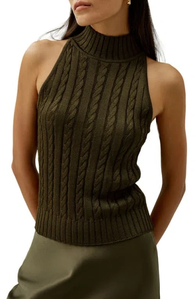 Lilysilk Classic High-neck Cable-knit Sleeveless Top In Pine