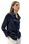 Lilysilk Classic Imitation Pearl Button Silk Shirt In Navy Blue