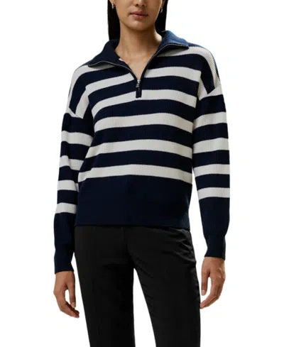 Lilysilk Collared Quarter-zip Wool Sweater In Navy Blue