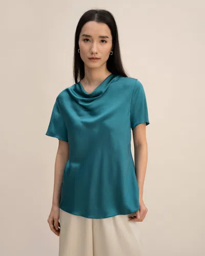 Lilysilk Cowl Neck Short Sleeves Silk T-shirt For Women In Blue
