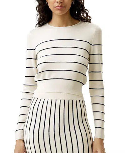 Lilysilk Cropped Silk-knitted Long Sleeve Tee For In White With Stripes