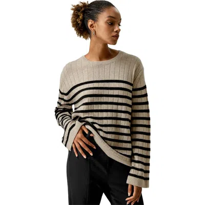 Lilysilk Drop-shoulder Striped Cashmere Sweater In Camel With Black Stripes