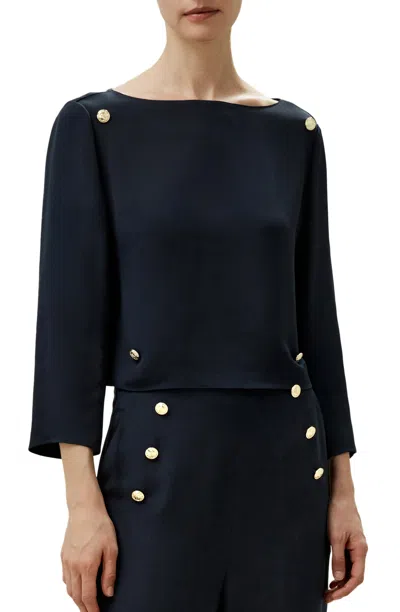 Lilysilk Dubrovnik 3/4 Sleeved Silk Top With Button Accents For Women In Blue