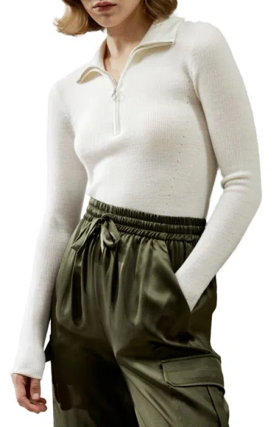 Lilysilk Gaia Ribbed Half Zip Ultra-fine Merino Wool Sweater In White