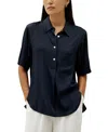 Lilysilk Half-placket Short Sleeve Button Up Shirt In Blue