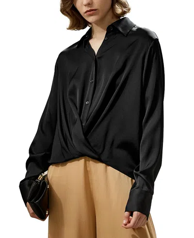 Lilysilk Hem Pleated Silk Blouse In Black