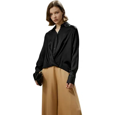 Lilysilk Hem Pleated Silk Blouse In Black
