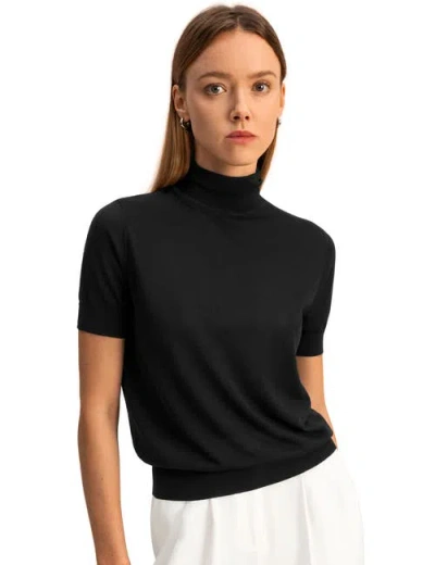 Lilysilk High Neck Short Sleeves Silk Knitted Sweater In Black