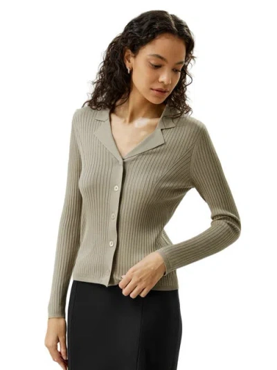 Lilysilk Lapel Collar Spun Silk Cardigan In Khaki