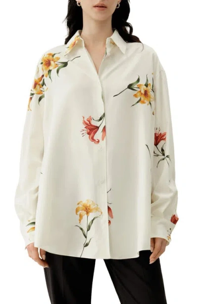 Lilysilk Lily Print Silk Twill Oversize Shirt In White