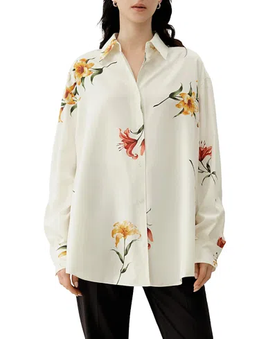 Lilysilk Lily Print Silk Twill Oversize Shirt In White