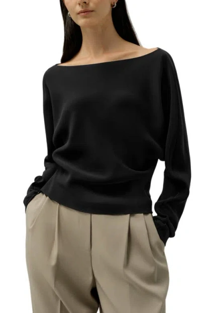 Lilysilk Long Sleeve Gathered Silk Top In Black