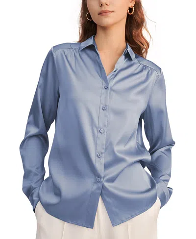 Lilysilk Long Sleeves Collared Silk Blouse In Blue