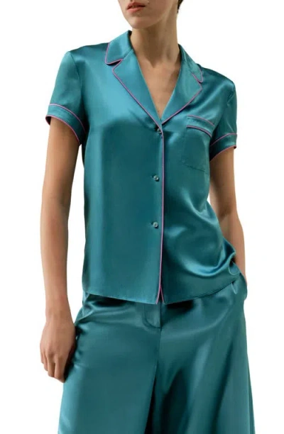 Lilysilk Lsxes Contrast-trimmed Silk Shirt In Blue