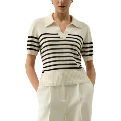 Lilysilk Luxury Striped Cashmere Polo Sweater In White