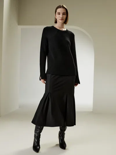 Lilysilk Merino Wool Ribbed Slit Cuff Sweater In Black