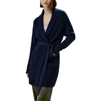 Lilysilk Merino Wool Shawl Collar Cardigan In Navy Blue