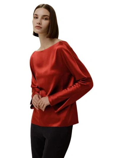 Lilysilk Minimalist Shiny Silk Top In Brick Red