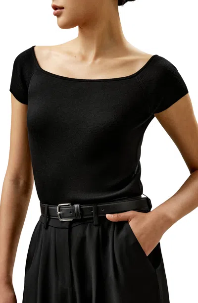 Lilysilk Off-shoulder Silk Sweater Top In Blue