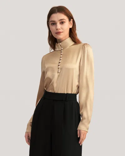 Lilysilk Pearl Button Mandarin Collar Stretch Silk Blouse For Women In Gold