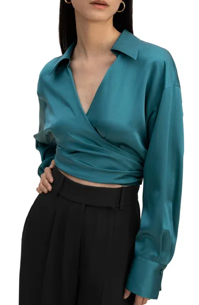 Lilysilk Pure Silk Blouse Wrapover Cropped Shirt In Blue