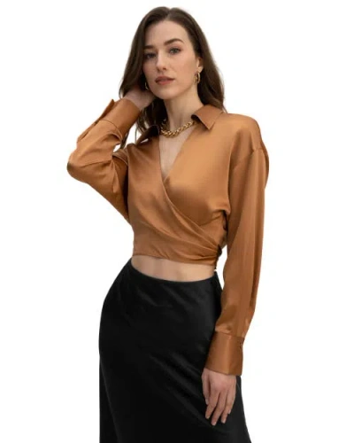 Lilysilk Pure Silk Blouse Wrapover Cropped Shirt In Toasted Chestnut